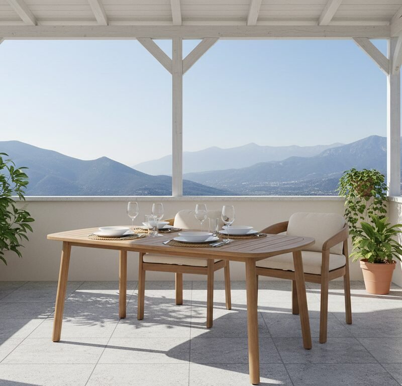 Wooden dining table set for four on a mountain-view balcony, with two chairs and potted plants nearby.