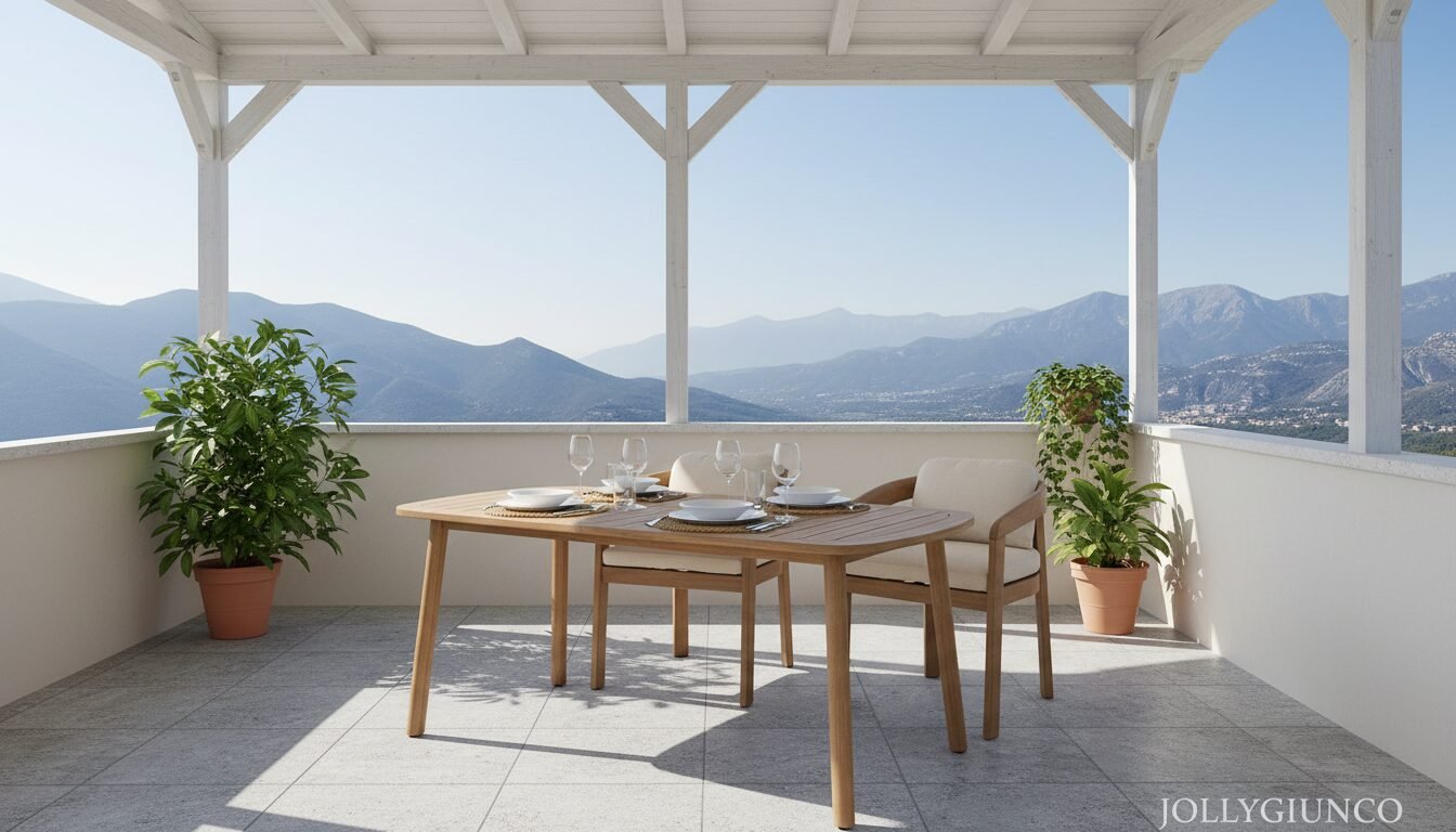 TAVOLO PABLO 183X9910 - JOLLYGIUNCO Wooden dining table set for four on a mountain-view balcony, with two chairs and potted plants nearby.