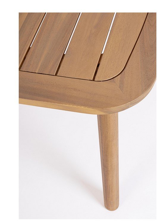 TAVOLO PABLO 183X992 - JOLLYGIUNCO Close-up of a wooden table corner with a slatted top and a tapered leg, showing natural wood grain.