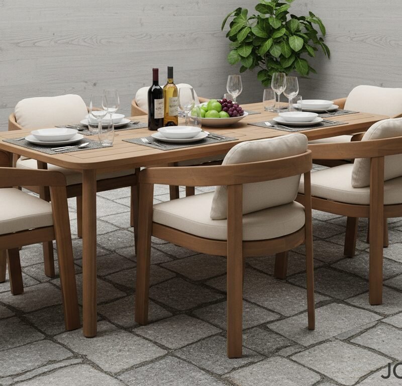 Outdoor wooden dining table set for six with plates, glasses, wine bottles, and a fruit centerpiece on a stone patio behind lush green plants?