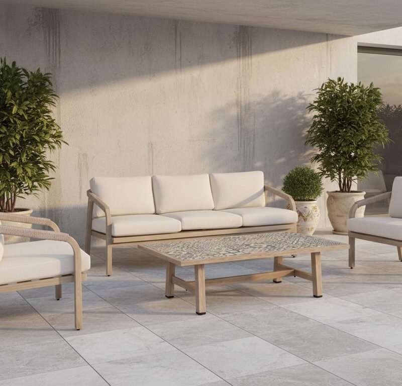 Outdoor patio lounge with beige cushioned sofa and two armchairs surrounding a wooden coffee table, plus large potted plants.
