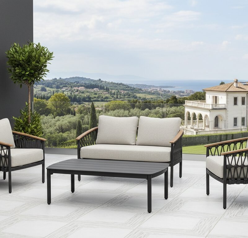 Outdoor terrace with a black woven seating set (sofa and two armchairs) and a matching coffee table, cream cushions, potted plants, overlooking hills and a villa.