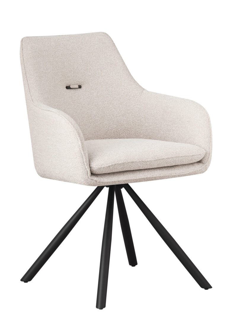 0730345 - JOLLYGIUNCO Beige upholstered lounge chair with a curved back and black metal tripod legs in a star base arrangement read as a modern accent chair.