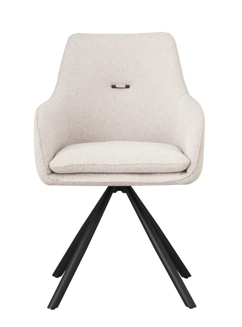 0730345-TF1 - JOLLYGIUNCO Beige upholstered lounge chair with a rounded back and black metal tripod legs viewed from the front/side.