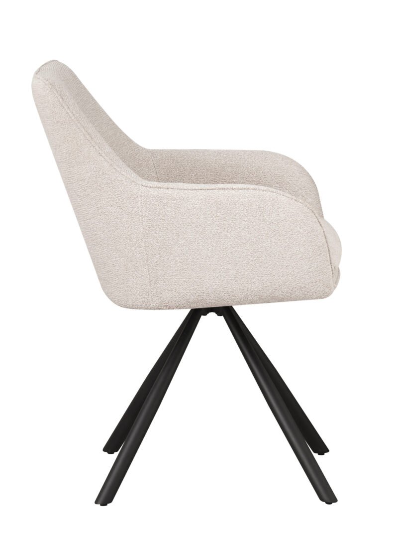 0730345-TL1 - JOLLYGIUNCO Beige upholstered chair with a curved back and four black legs, shown from a side angle against a white background.