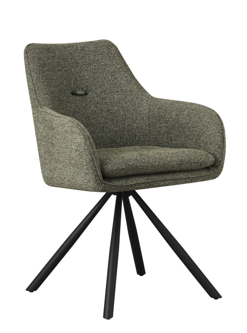 0730346 - JOLLYGIUNCO Textured gray upholstered swivel chair with a curved back and black metal legs against a white background