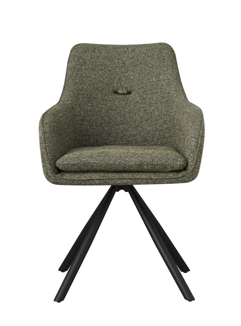 0730346-TF1 - JOLLYGIUNCO Front-facing view of a speckled gray upholstered swivel chair with a rounded back, seat cushion, and black tripod legs against a white background.
