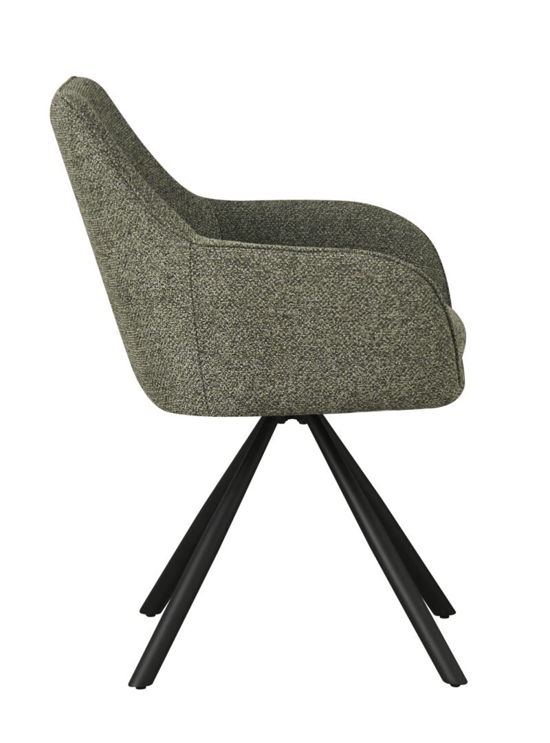0730346-TL1 - JOLLYGIUNCO Fabric upholstered chair with a curved back and four black metal legs on a swivel base.