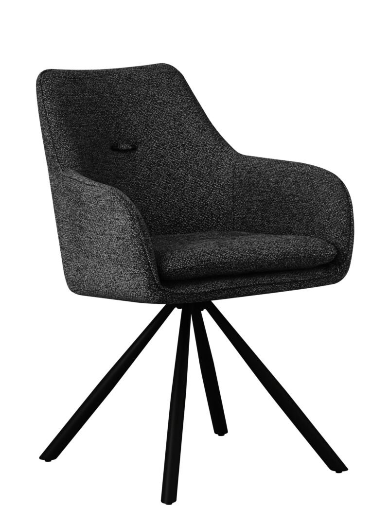 0730347 - JOLLYGIUNCO Dark gray fabric upholstered swivel chair with curved back and angled legs against a white background.