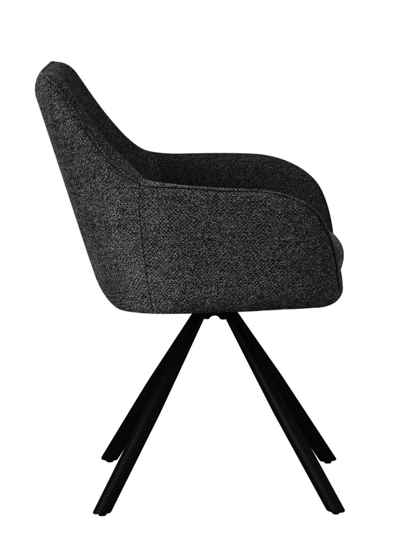0730347-TL1 - JOLLYGIUNCO Side view of a dark gray upholstered office chair with a curved back and a four-legged black base, textured fabric.
