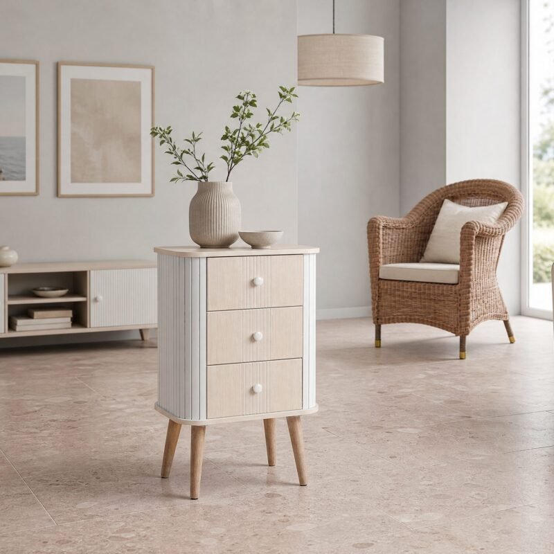 Neutral living room with a ribbed vase of greenery on a small cabinet and a nearby wicker chair.