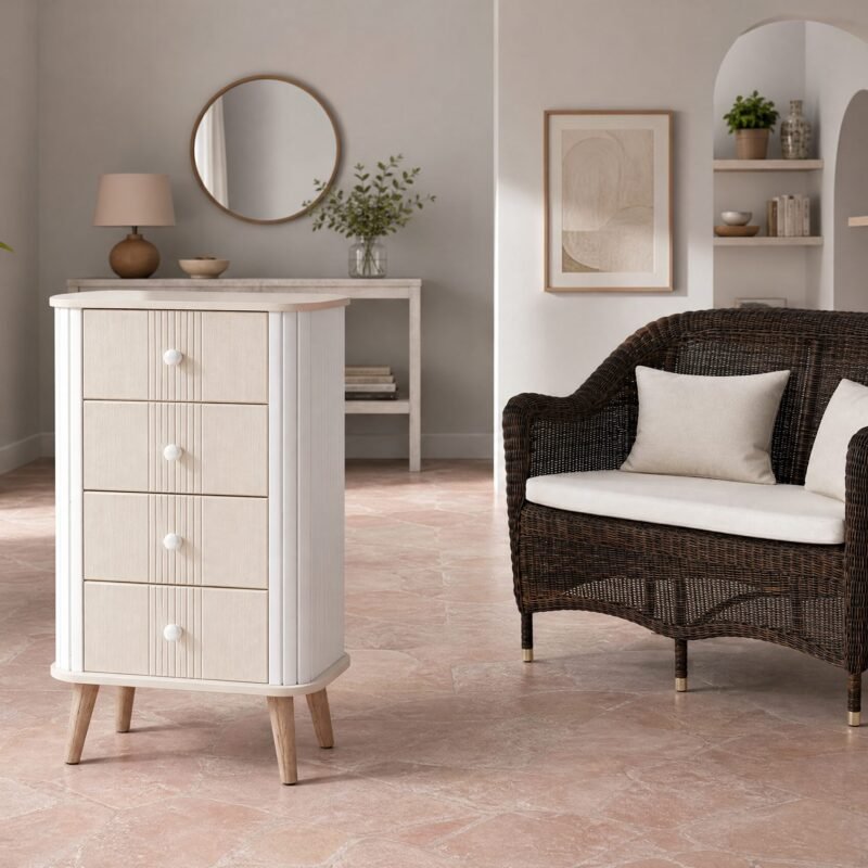 Neutral living room with a round wall mirror above a pale wood dresser, and a woven wicker chair nearby with cushions.