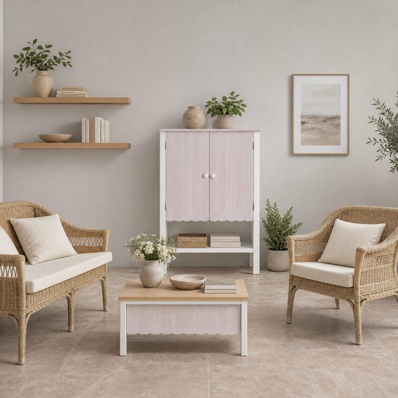 Neutral living room with two wicker armchairs, a pastel-pink cabinet, floating shelves, and several potted plants.