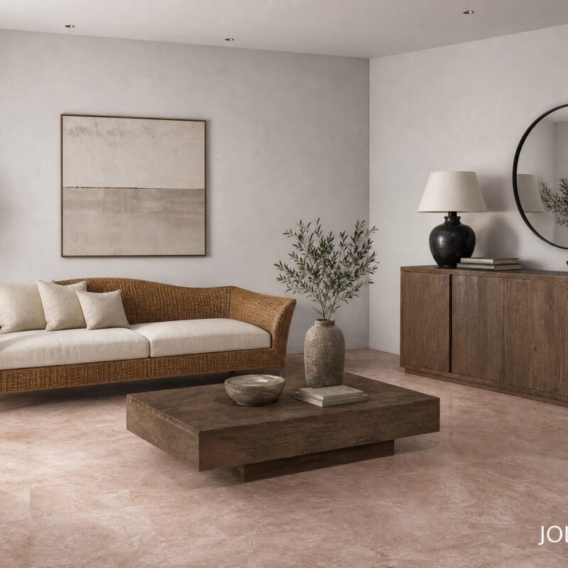 Living room with a wicker sofa, beige cushions, and two potted plants beside a dark wooden cabinet with a round mirror and a table lamp.