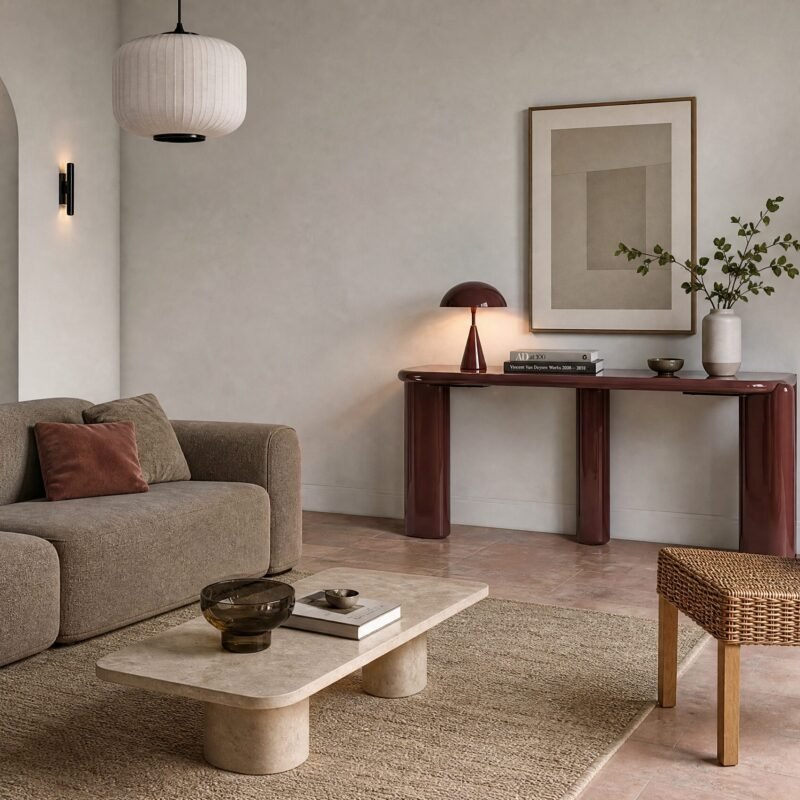 Contemporary living room with a beige sectional, woven chair, and neutral decor, a marble coffee table and potted plants.