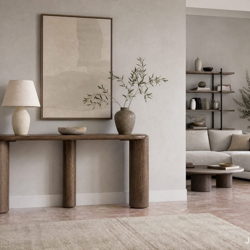 Living room with beige walls, a wooden console table, a large framed abstract artwork, and a vase with olive branches.