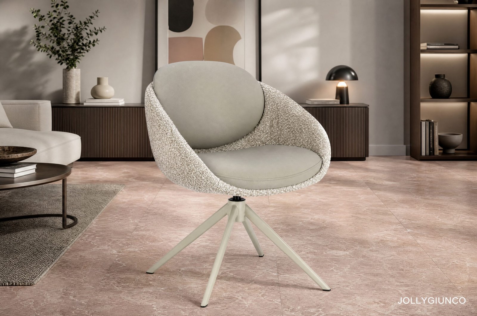 SEDIA AVERIK BEIGE10 - JOLLYGIUNCO Swiveling lounge chair with textured cream fabric and light grey cushion in a contemporary living room with a wood cabinet and abstract art in the background.