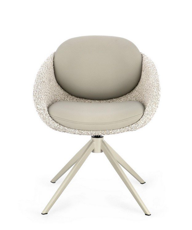 SEDIA AVERIK BEIGE2 - JOLLYGIUNCO Beige upholstered lounge chair with a rounded back and cushioned seat on a four-legged tripod base.