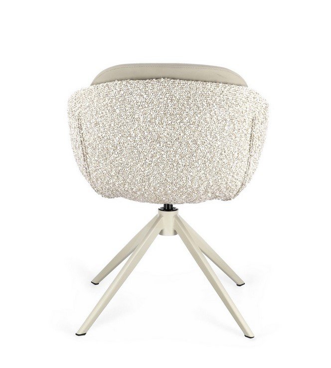 SEDIA AVERIK BEIGE3 - JOLLYGIUNCO Beige boucle upholstered accent chair with a rounded back and a three-legged metal base.