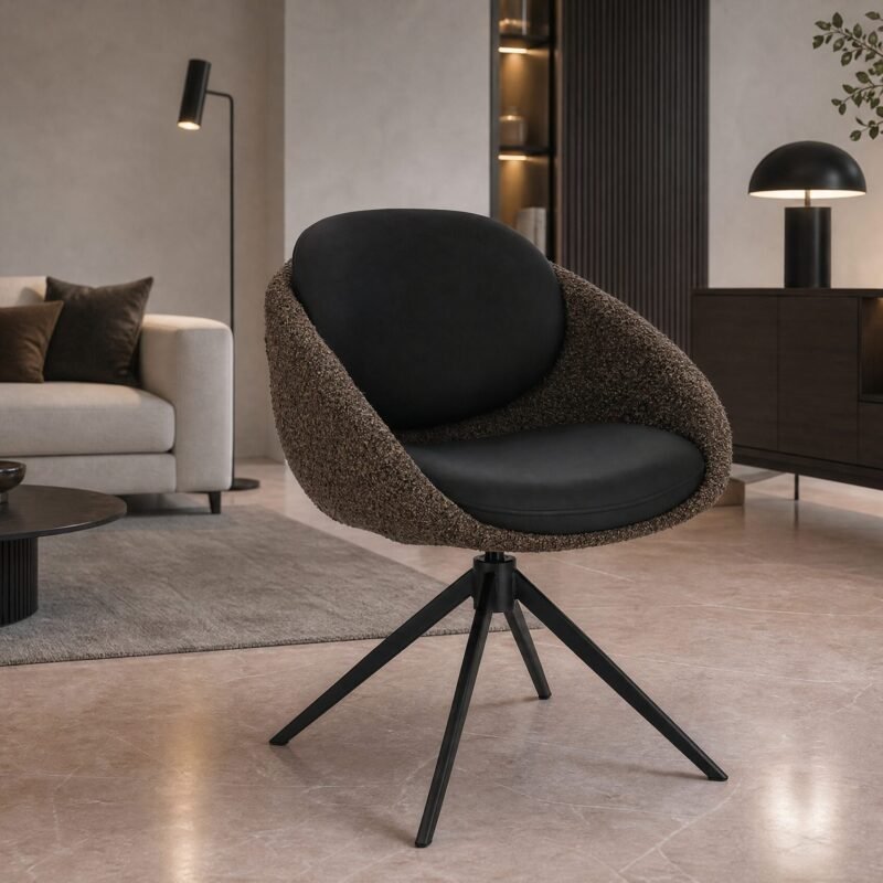 Modern living room with a circular textured brown-and-black swivel chair in the foreground, beige sofa and coffee table behind it.