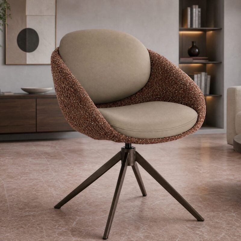 Modern living room with a round woven brown chair and beige cushions, against a dark wood cabinet and shelves.