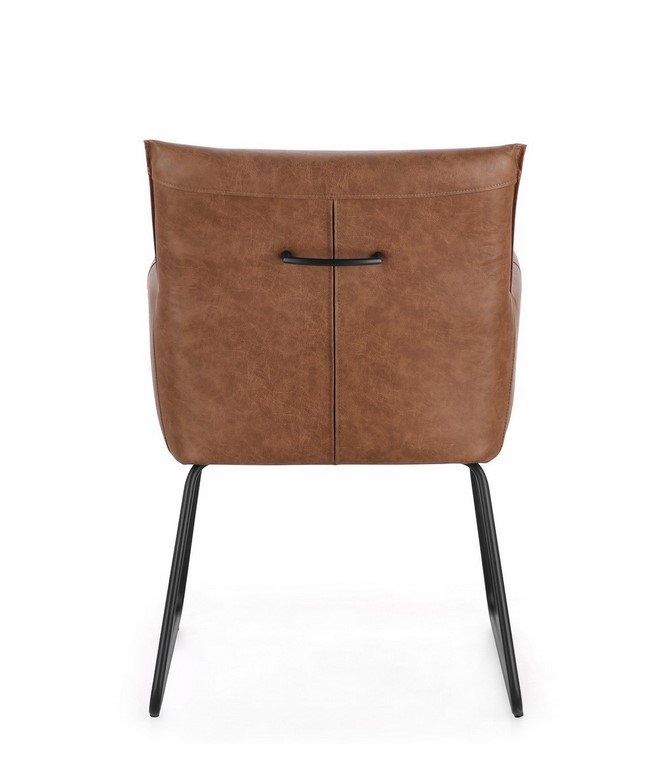 SEDIA C-BR EVELYN COGNA4C - JOLLYGIUNCO Back view of a brown leather upholstered chair with black metal legs and a small horizontal pull handle on the back panel