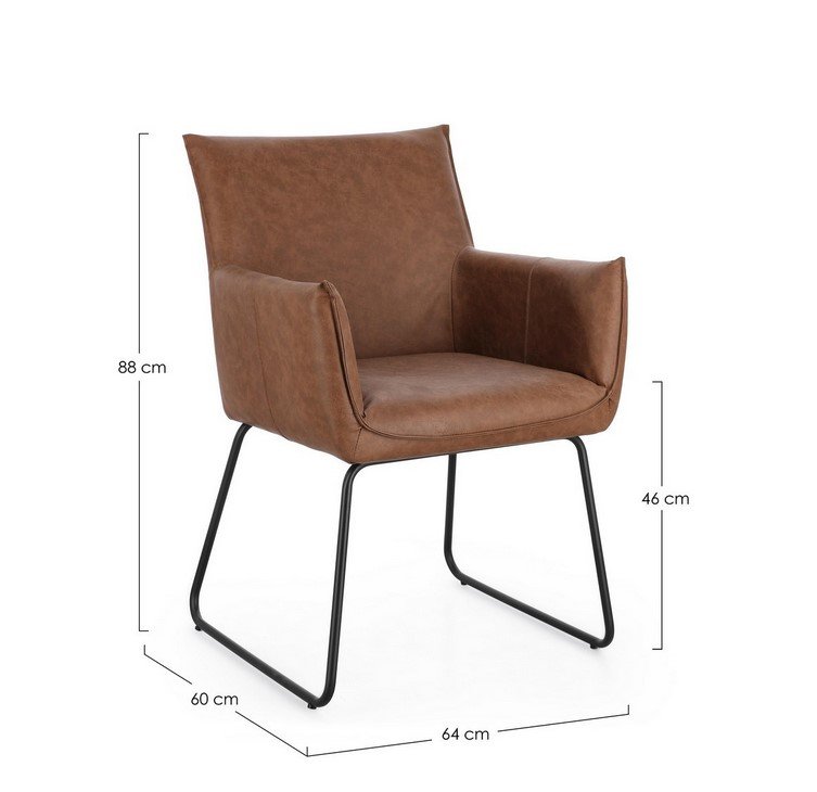 SEDIA C-BR EVELYN COGNAC2 - JOLLYGIUNCO Brown leather armchair with black metal cantilever legs; overall height 88 cm, seat height 46 cm, width 64 cm, depth 60 cm.