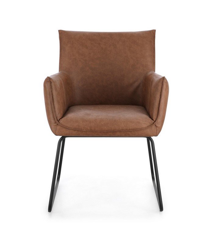 SEDIA C-BR EVELYN COGNAC3 - JOLLYGIUNCO Brown leather-style armchair with cushioned back and seat, black metal legs in a modern design.