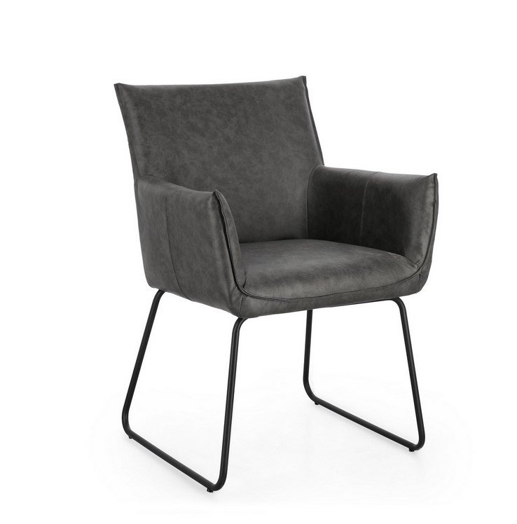 SEDIA C-BR EVELYN DARK - JOLLYGIUNCO Modern gray upholstered armchair with black metal sled legs, a contemporary accent chair for living rooms or offices.