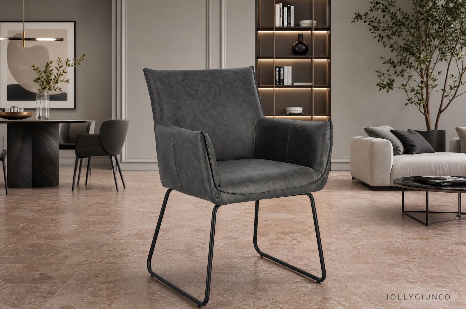 SEDIA C-BR EVELYN DARK10 - JOLLYGIUNCO Contemporary gray lounge chair with metal legs in a modern living room featuring a bookshelf wall and a potted tree in the background.