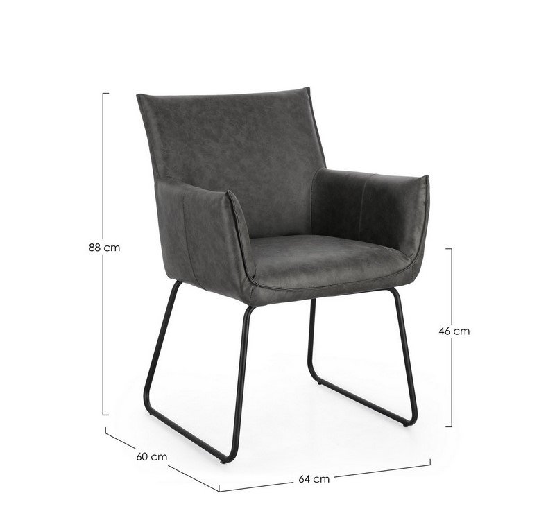 SEDIA C-BR EVELYN DARK2 - JOLLYGIUNCO Dark gray upholstered armchair with black metal sled legs, shown with overall height 88 cm, seat height 46 cm, width 64 cm, and depth 60 cm for scale and dimensions.