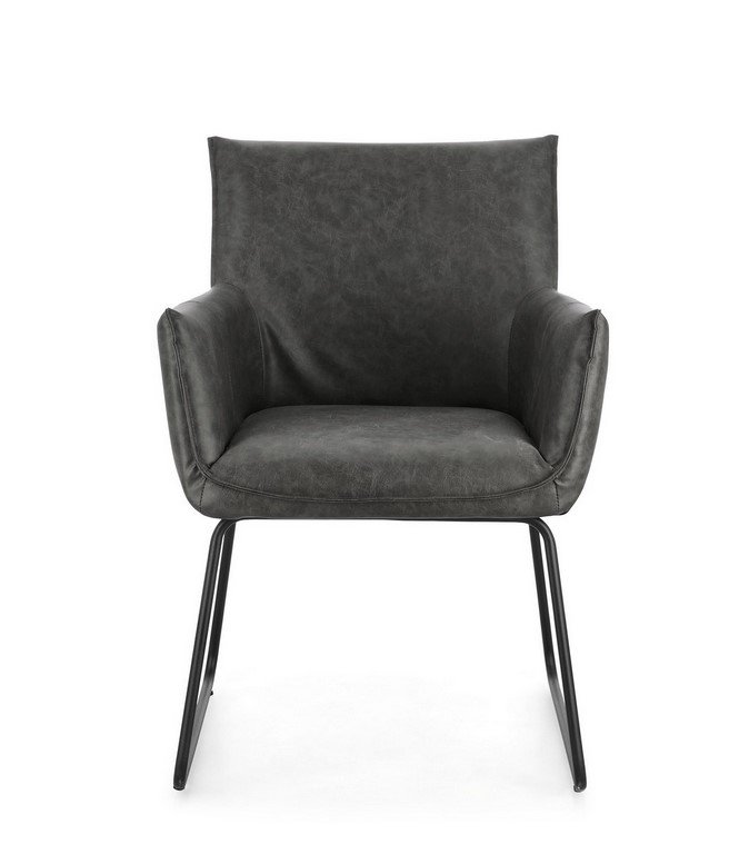 SEDIA C-BR EVELYN DARK3 - JOLLYGIUNCO Dark gray upholstered armchair with curved arms and black metal legs on a white background, modern lounge chair styling
