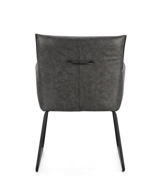 SEDIA C-BR EVELYN DARK4 - JOLLYGIUNCO Rear view of a gray leather dining chair with black metal legs and a small back pocket detail on the center seam.