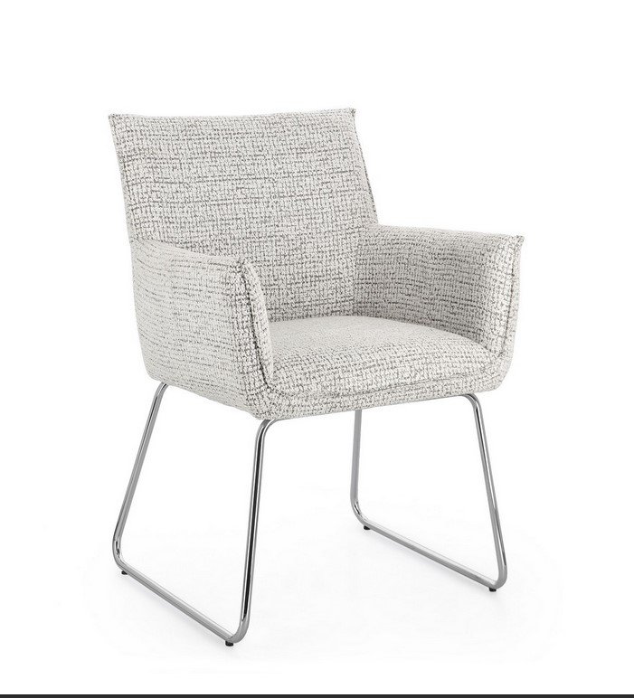 SEDIA C-BR EVELYN GHIACCIO - JOLLYGIUNCO Light gray textured upholstered armchair with chrome sled legs on a white background.