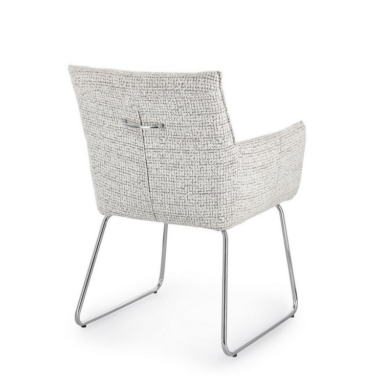 SEDIA C-BR EVELYN GHIACCIO1 - JOLLYGIUNCO Back view of a modern light gray textured fabric armchair with silver metal sled legs.