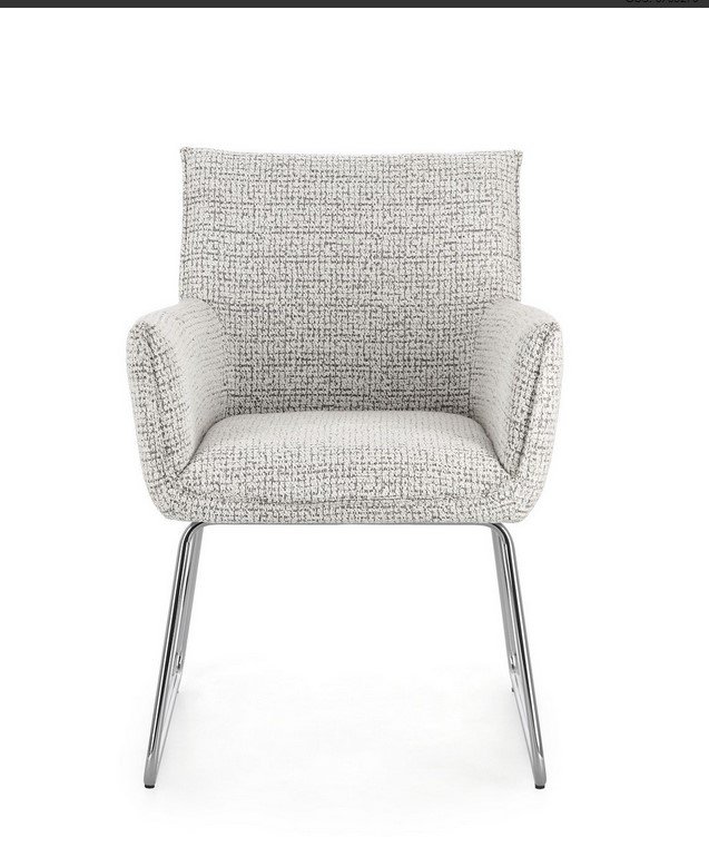SEDIA C-BR EVELYN GHIACCIO3 - JOLLYGIUNCO Modern armchair with light gray textured fabric and chrome legs on a white background.