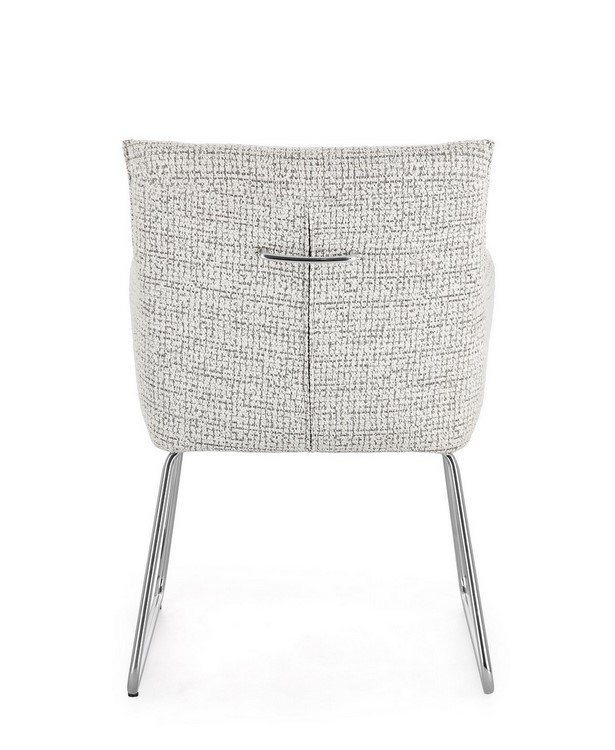 SEDIA C-BR EVELYN GHIACCIO4 - JOLLYGIUNCO Back view of a light gray textured upholstered armchair with slender chrome legs and a small metal back pull
