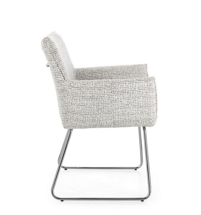 SEDIA C-BR EVELYN GHIACCIO5 - JOLLYGIUNCO Side view of a light gray textured upholstered armchair on chrome cantilever legs.