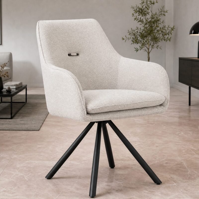 Beige textured swivel chair with black legs in a contemporary living room featuring a sofa, coffee table, plant, and a dark wood sideboard with a black lamp in the background.