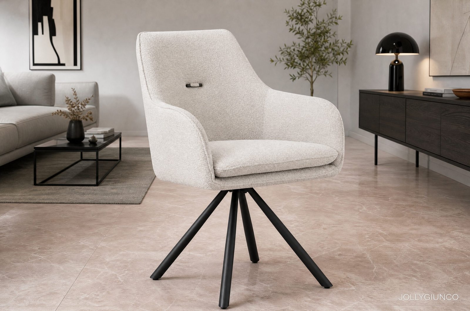 SEDIA C-BR FALAK SABBIA - JOLLYGIUNCO Beige textured swivel chair with black legs in a contemporary living room featuring a sofa, coffee table, plant, and a dark wood sideboard with a black lamp in the background.