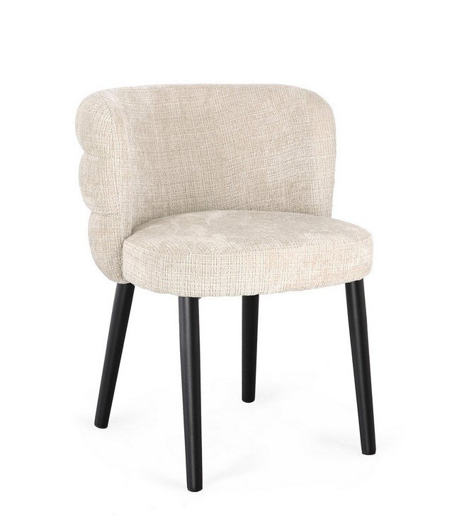 SEDIA C-BR ILMA LUCENTE-ARDESIA - JOLLYGIUNCO Beige fabric upholstered chair with a rounded back and black tapered legs, modern design.