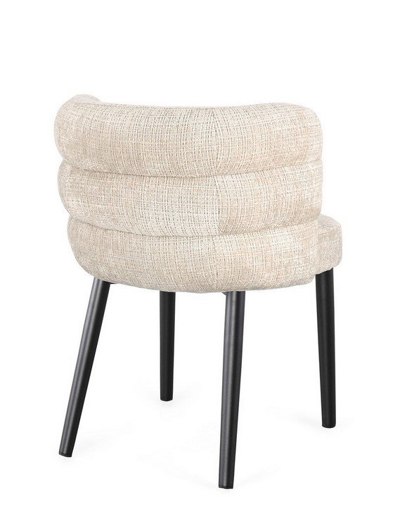SEDIA C-BR ILMA LUCENTE-ARDESIA1 - JOLLYGIUNCO Beige upholstered chair with three rounded cushions and four black legs in a modern design.