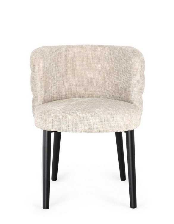 SEDIA C-BR ILMA LUCENTE-ARDESIA2 - JOLLYGIUNCO Beige upholstered chair with curved back and four black wooden legs, viewed front-on.