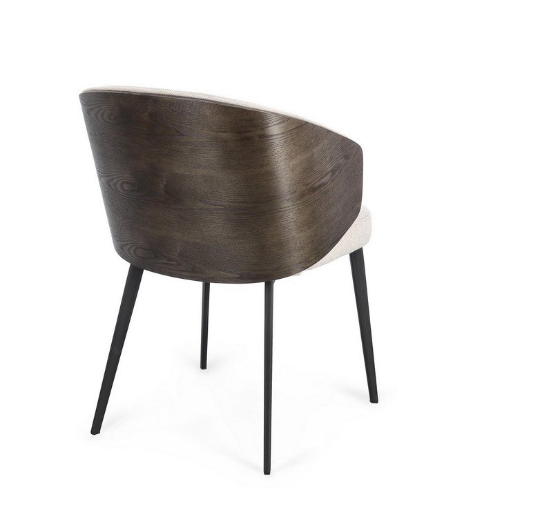 SEDIA C-BR KINSLEY LIGHT1jpg - JOLLYGIUNCO Back view of a dark wood chair with a curved back, beige upholstered seat, and four black legs.