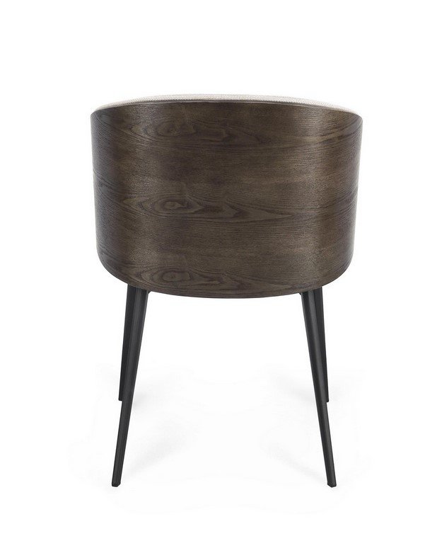 SEDIA C-BR KINSLEY LIGHT3 - JOLLYGIUNCO Back view of a dark wood barrel chair with a white cushion and black angled legs.