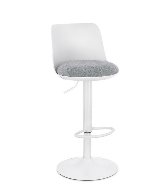 SGABELLO BAR LOWELL BIANCO - JOLLYGIUNCO White adjustable bar stool with gray upholstered seat and round footrest on a circular base on a white background.