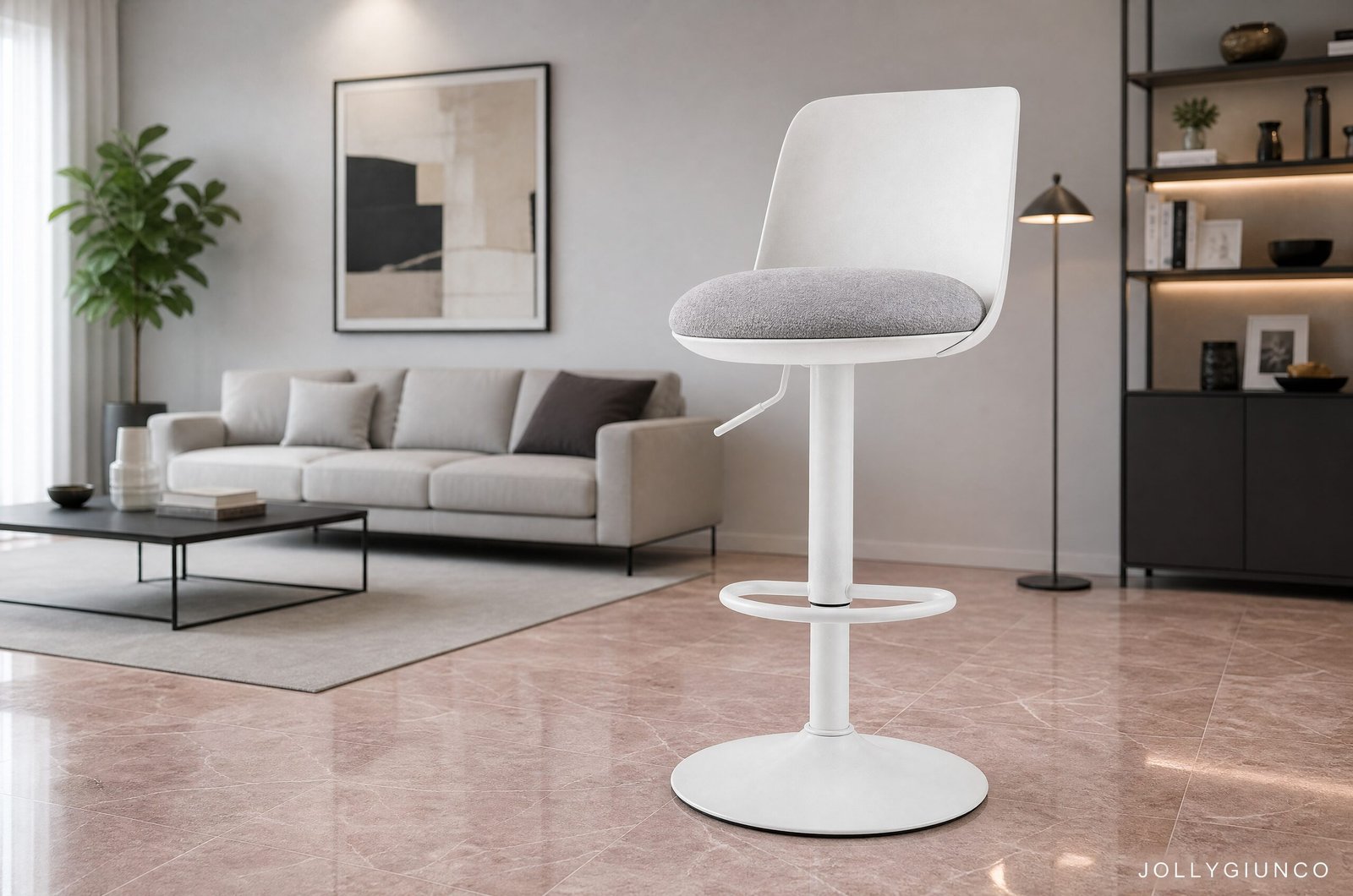 SGABELLO BAR LOWELL BIANCO10 - JOLLYGIUNCO White modern bar stool with gray cushioned seat in a contemporary living room.