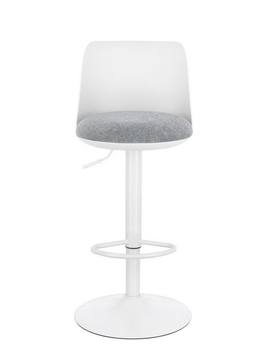 SGABELLO BAR LOWELL BIANCO2 - JOLLYGIUNCO White adjustable-height bar stool with a gray cushioned seat and circular footrest base — modern design.