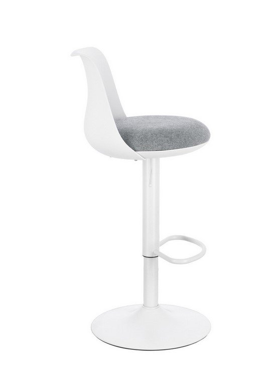 SGABELLO BAR LOWELL BIANCO4 - JOLLYGIUNCO White adjustable bar stool with gray cushioned seat on a round base and foot ring.