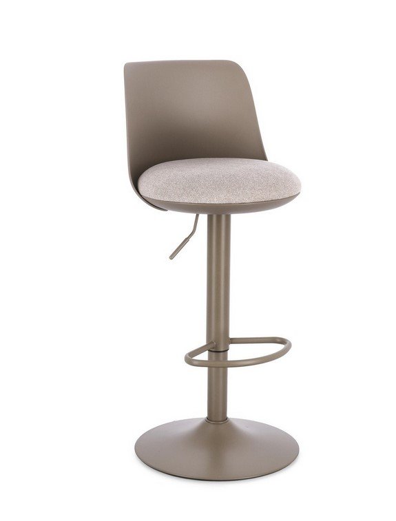 SGABELLO BAR LOWELL CAFFE - JOLLYGIUNCO Taupe bar stool with a padded circular seat, curved back, and metal pedestal base with a footrest ring.